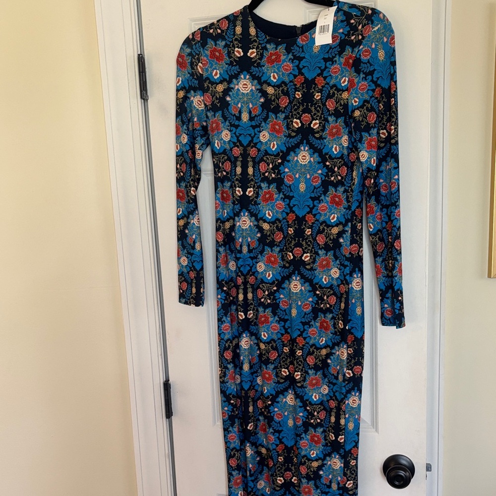 NWT FARM Rio Blue and Black Floral Long Sleeve Maxi Dress